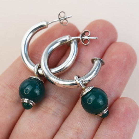 Forest green charm hoop earrings sterling silver basic medium chunky hoop studs